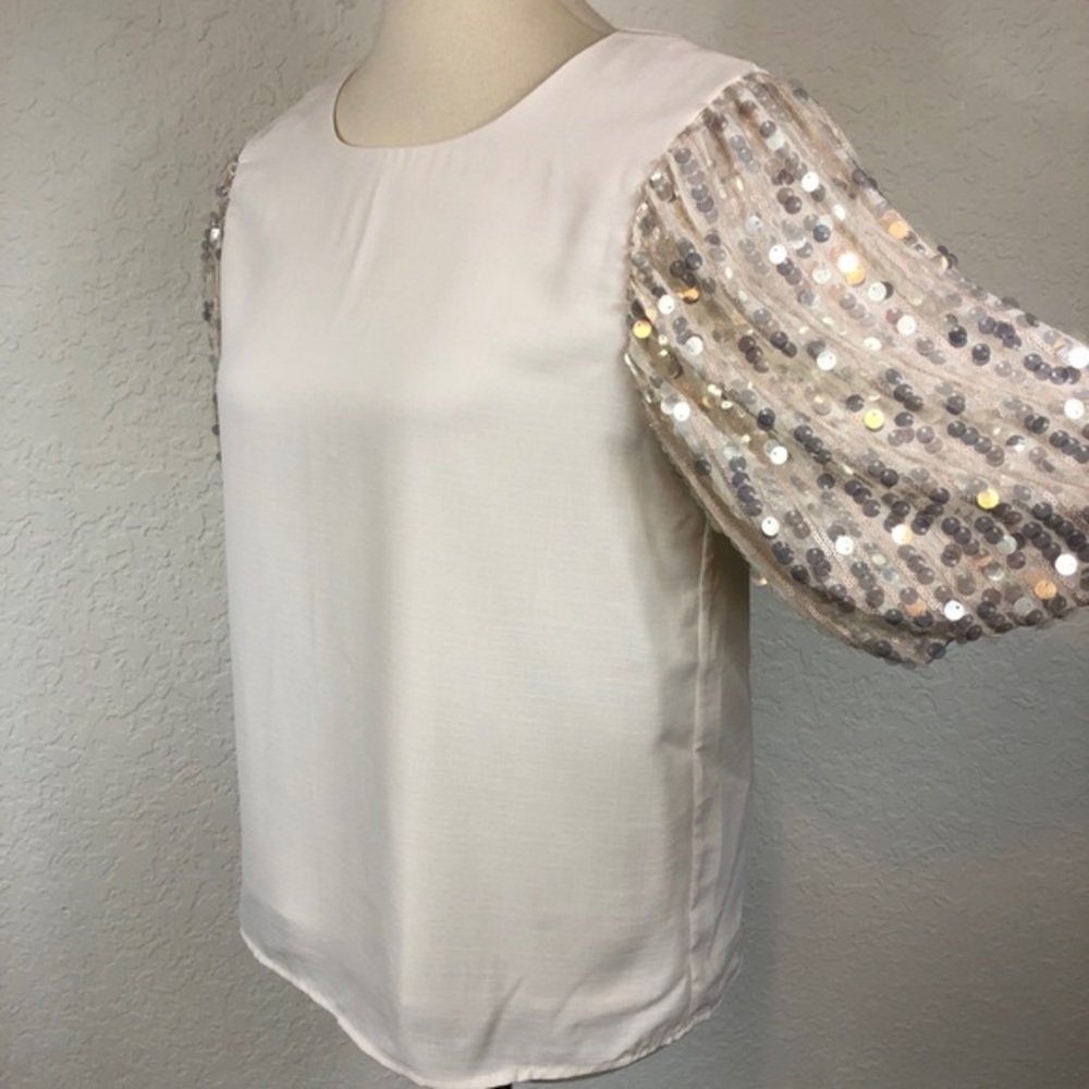 On Twelfth Silver Sequin Bubble Sleeve Blouse Top Shirt Sz S